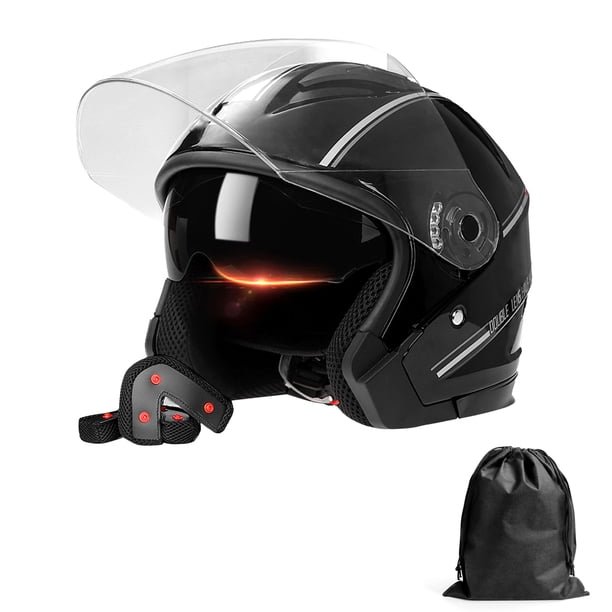 M Buder Casco De Motocicleta 3/4 Abierto Con Doble Visera Para Ciclomotor Cruiser Certificado De Seguridad Cascos De Moto Para Hombre Y Mujer Negro Brillante Elegante Y Resistente