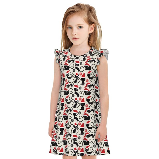 Balery Christmas Cat Camisón de princesa para niñas, pijama de algodón con mangas abullonadas, suave y bonito.-Medium