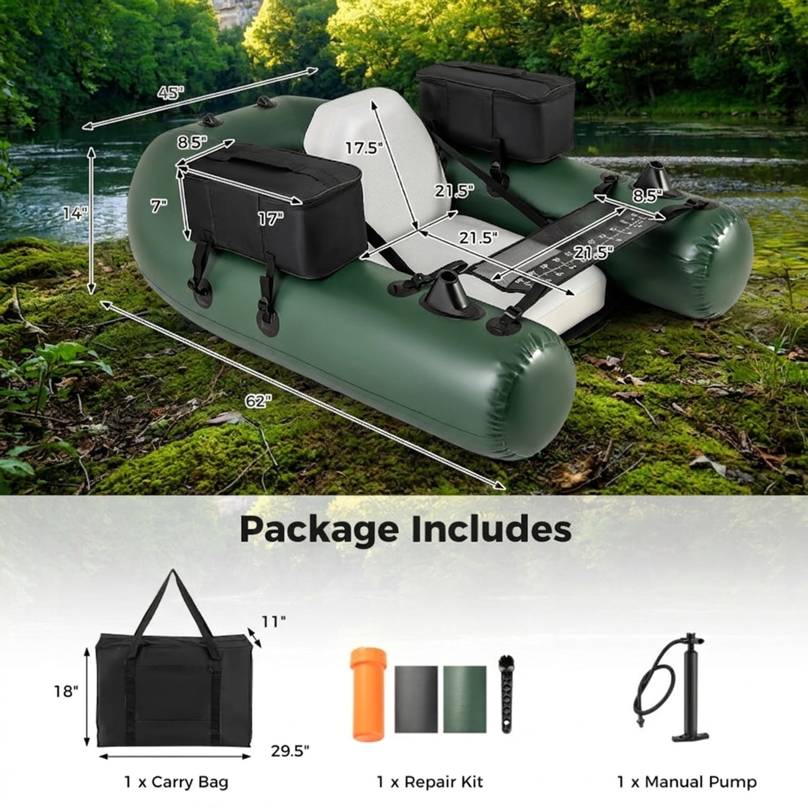 Airfind Inflatable Float Tube for Fly Fishing with Storage Pockets and Included Pump and Repair Kit for Lake and River Angling, Camouflage