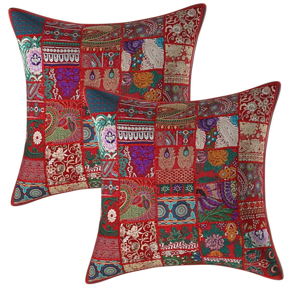 Stylo Culture Ethnic Bohemian Cotton Red Large Throw Pillow Covers 24x24 Patchwork Vintage Sofa Winter Throw Pillow Covers Abstract Floral 60x60 cm Decorative Cushion Covers (Set Of 2)