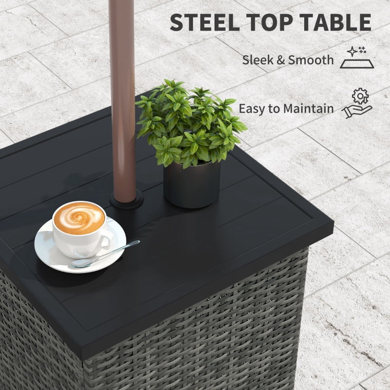 HOQBN Wicker Side Table with 1.5" Umbrella Hole, Square Outdoor End Table with UV-Resistant Frame, Storage Space, Mixed-Gray
