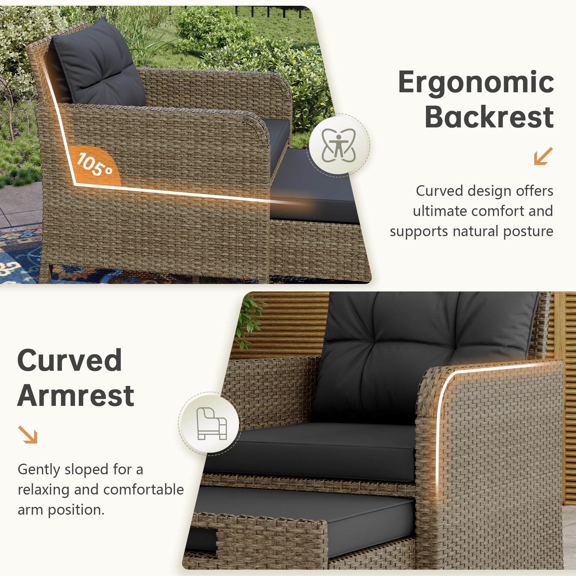 LHBcraft Balcony Furniture 5 Piece Patio Conversation Set, PE Wicker Rattan Outdoor Lounge Chairs with Soft Cushions 2 Ottoman&Glass Table for Porch, Lawn-Yellow Wicker