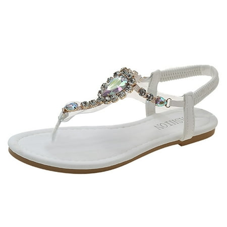 

Huanghuaa Ladies Shoes Fashion Flat Thong Sandals With Drill Elastic Strap Thong Beach Sandals Thick Platform Sandals for Women