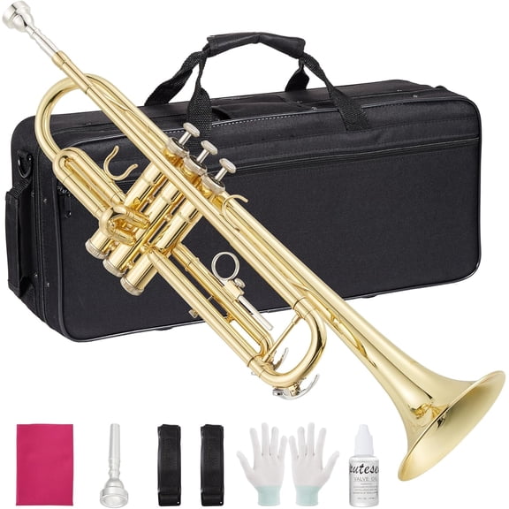 Senfot B-Flat Trumpet, Gold Nickel-Plated Brass with Hard Case, Gloves & Cleaning Kit, 3-Valve Trumpet for Beginners, School Bands & Practice