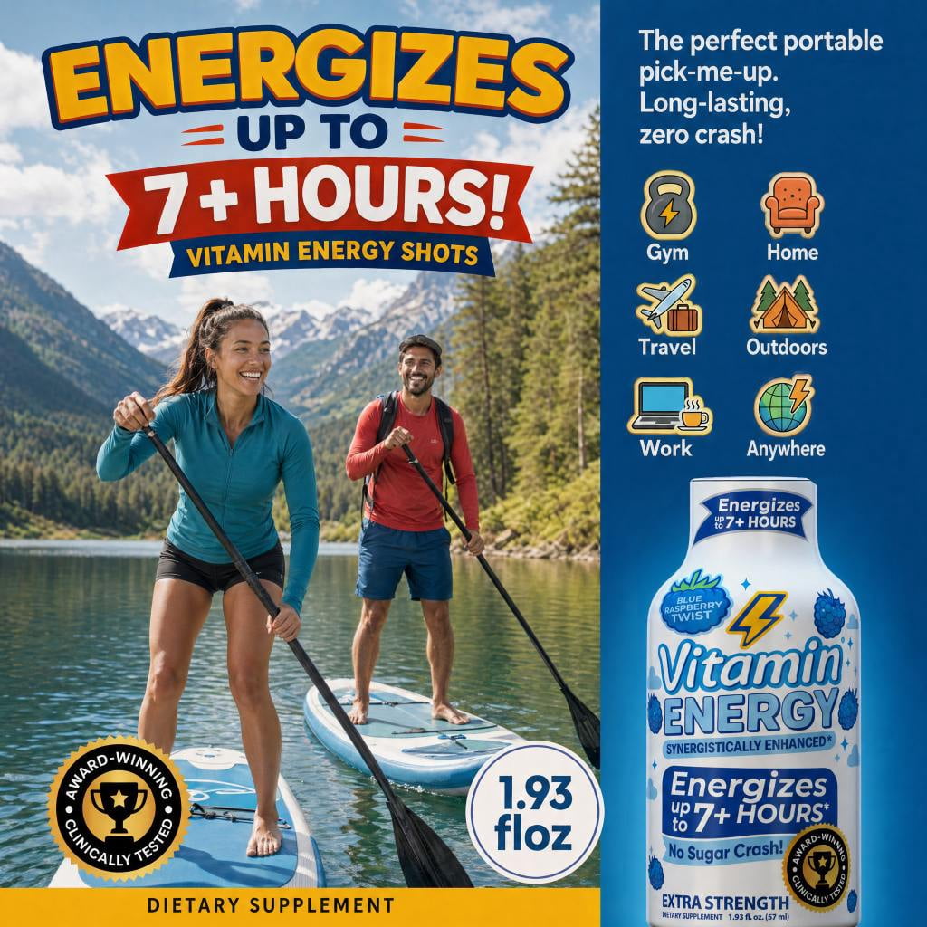 Vitamin Energy Focus+ Extra Strength Shot, Blue Raspberry, 12 Pack – 260mg Natural Caffeine, CoQ10 & B-Vitamins, Zero Sugar, 1.93 fl oz