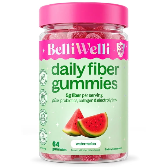 BelliWelli Daily Fiber Gummy Supplement with Probiotics, and Collagen - Watermelon 64 Count