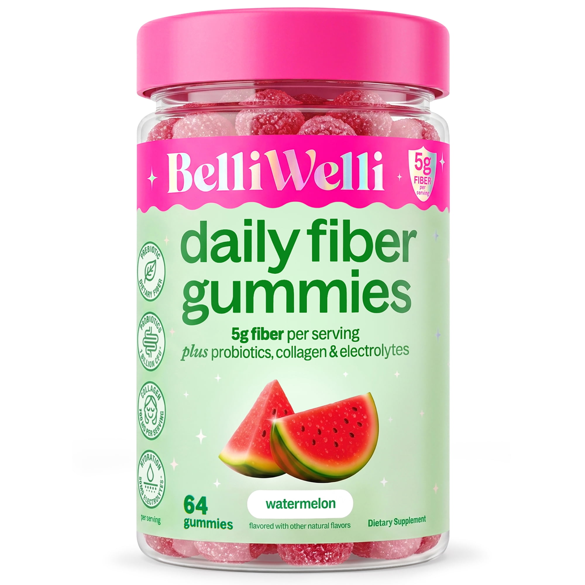 BelliWelli Daily Fiber Gummy Supplement with Probiotics, and Collagen - Watermelon 64 Count
