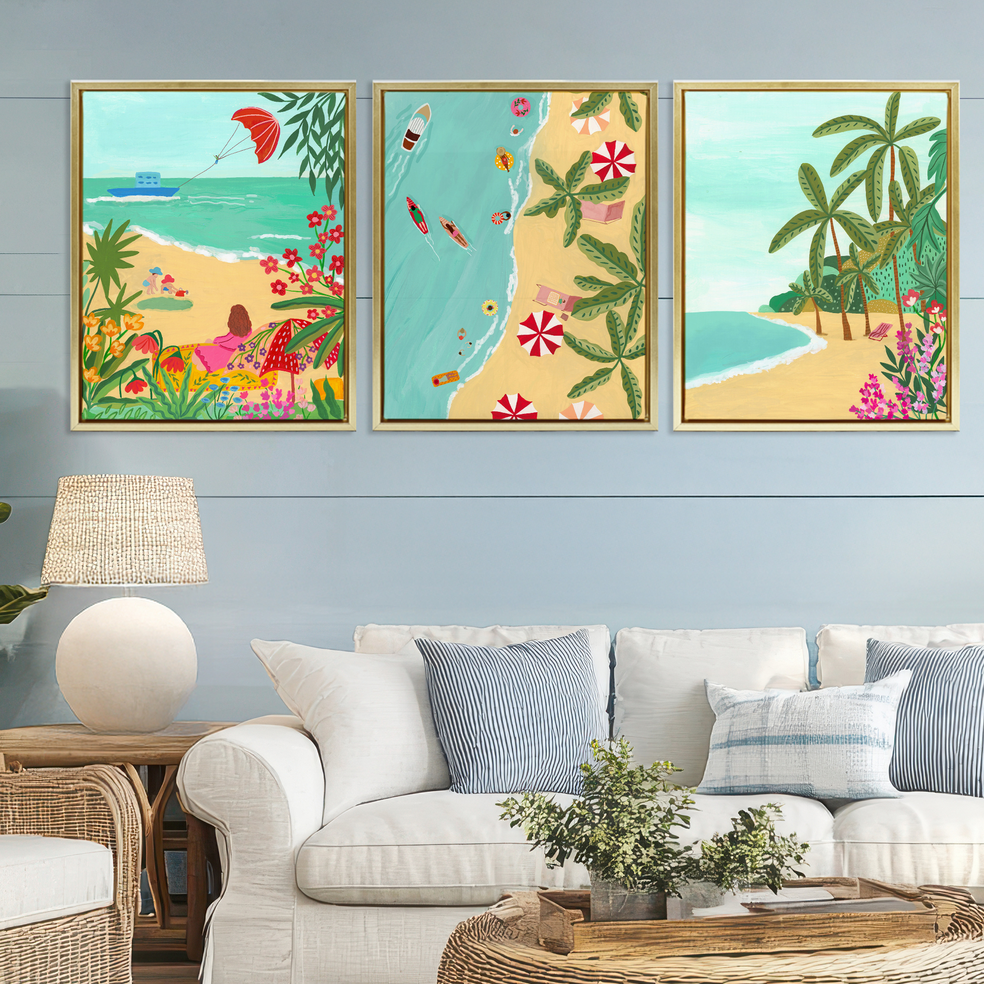 Busy Beach And Flowers 3 Piece Gold Framed Floater Canvas Set, design by Nabeela Rumi