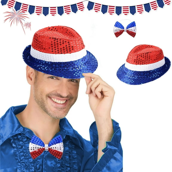 PATLOLLAV Patriotic Sequined Cowboy Hat, Red/White/Blue Party Performance Props for Independence Day Celebrations