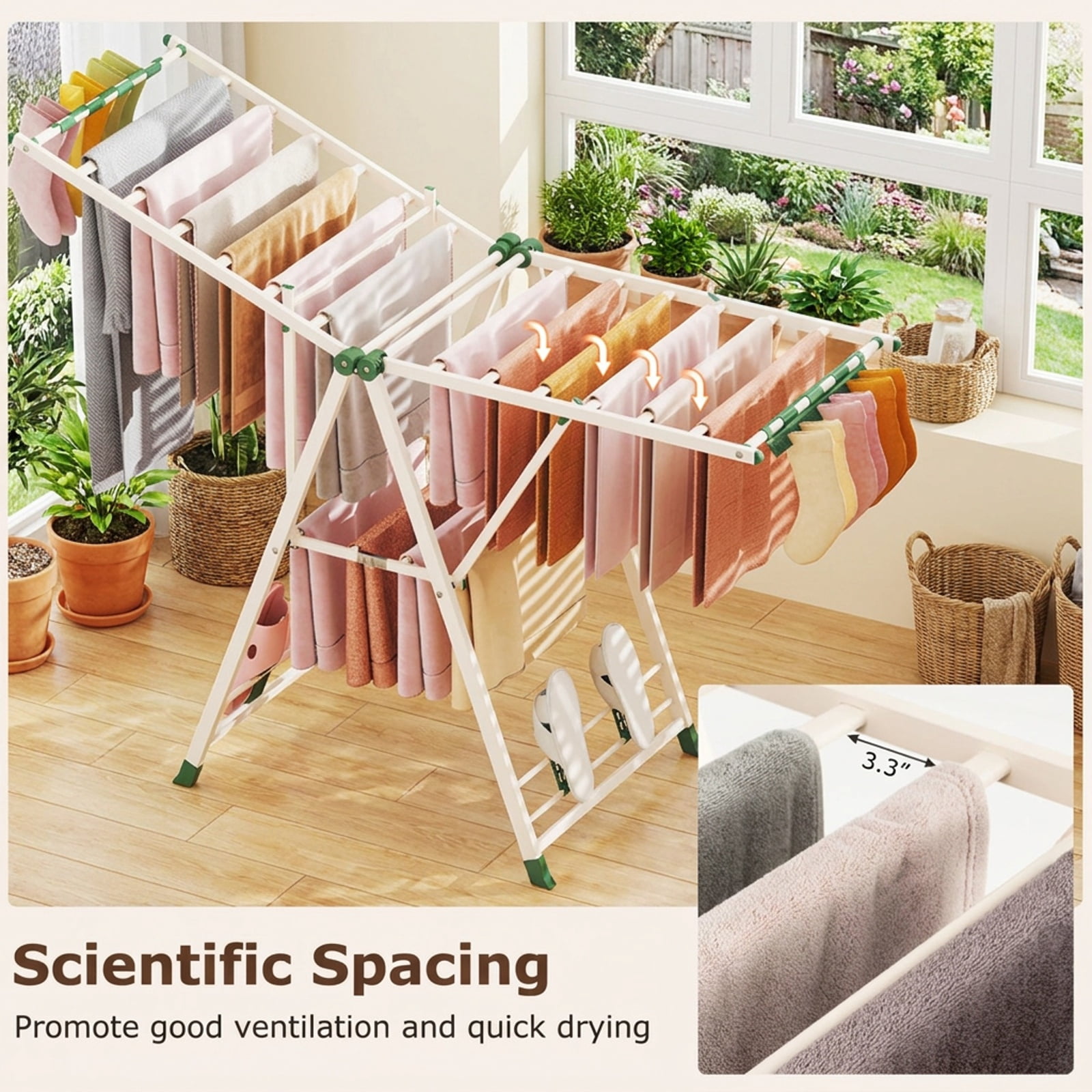 Vebreda Foldable Clothes Drying Rack, 64 Inches Clothes Drying Rack with Height Adjustable Wings, Spacious 2-Tier Drying Space
