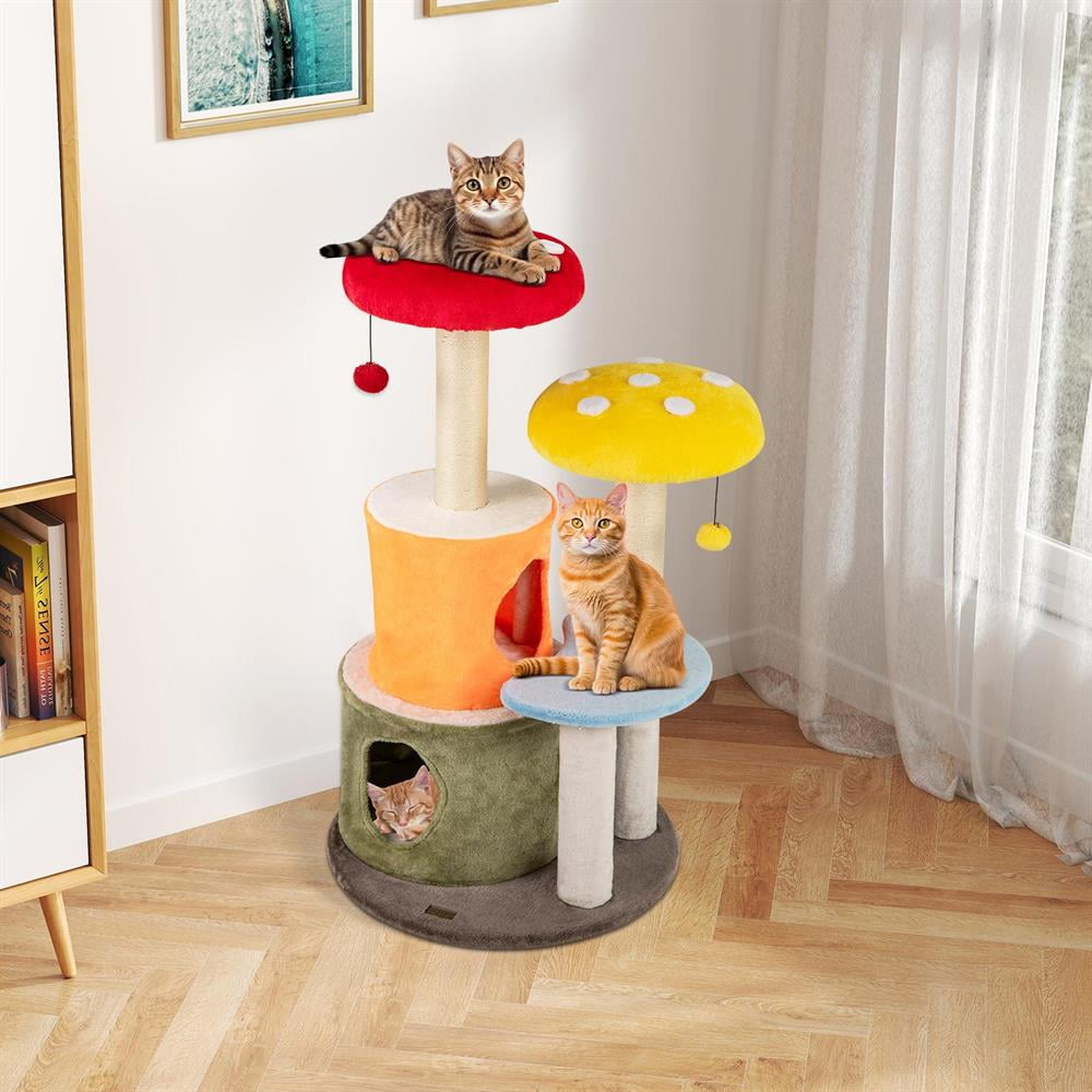 Yardi Yarda 43" Tall Cute Cat Tree w/2 Condos & Padded Platforms, Corner Cat Tree, Cat Climbing Tower, Cat Towers for Indoor Cats-Multicolor