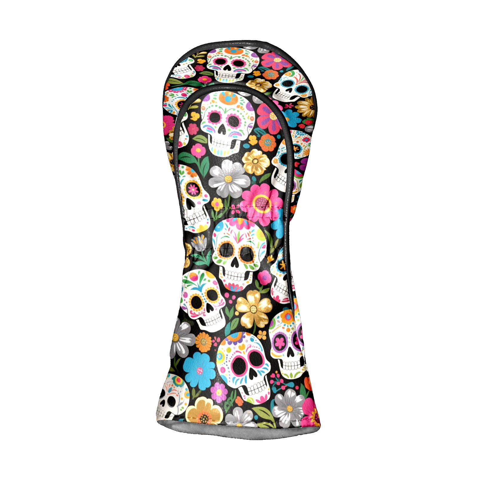 Golf Head Covers Colorful Flower Skull Design for Driver, Wood & Hybrid, Premium Waterproof PU Leather with Plush Lining, Edgy Floral Golf Gifts