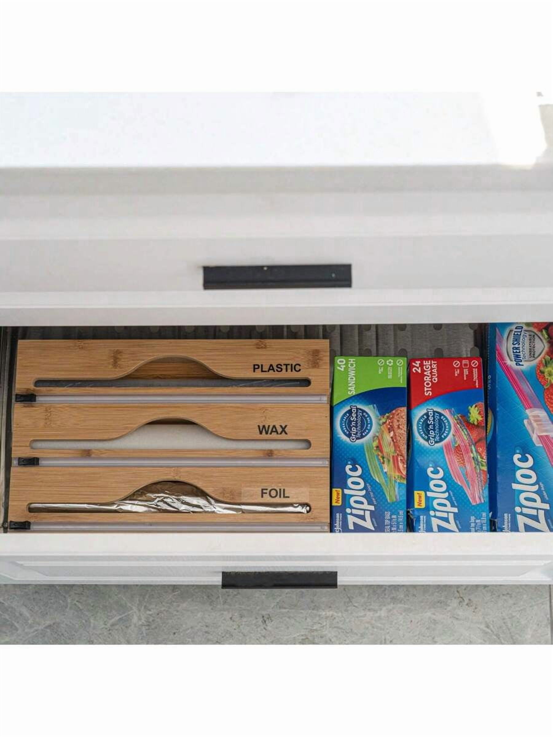 Single Bamboo Plastic Wrap Dispenser, Kitchen Organizer, Aluminum Foil and Plastic Wrap Storage Box, Suitable for Kitchen Use (Brown)