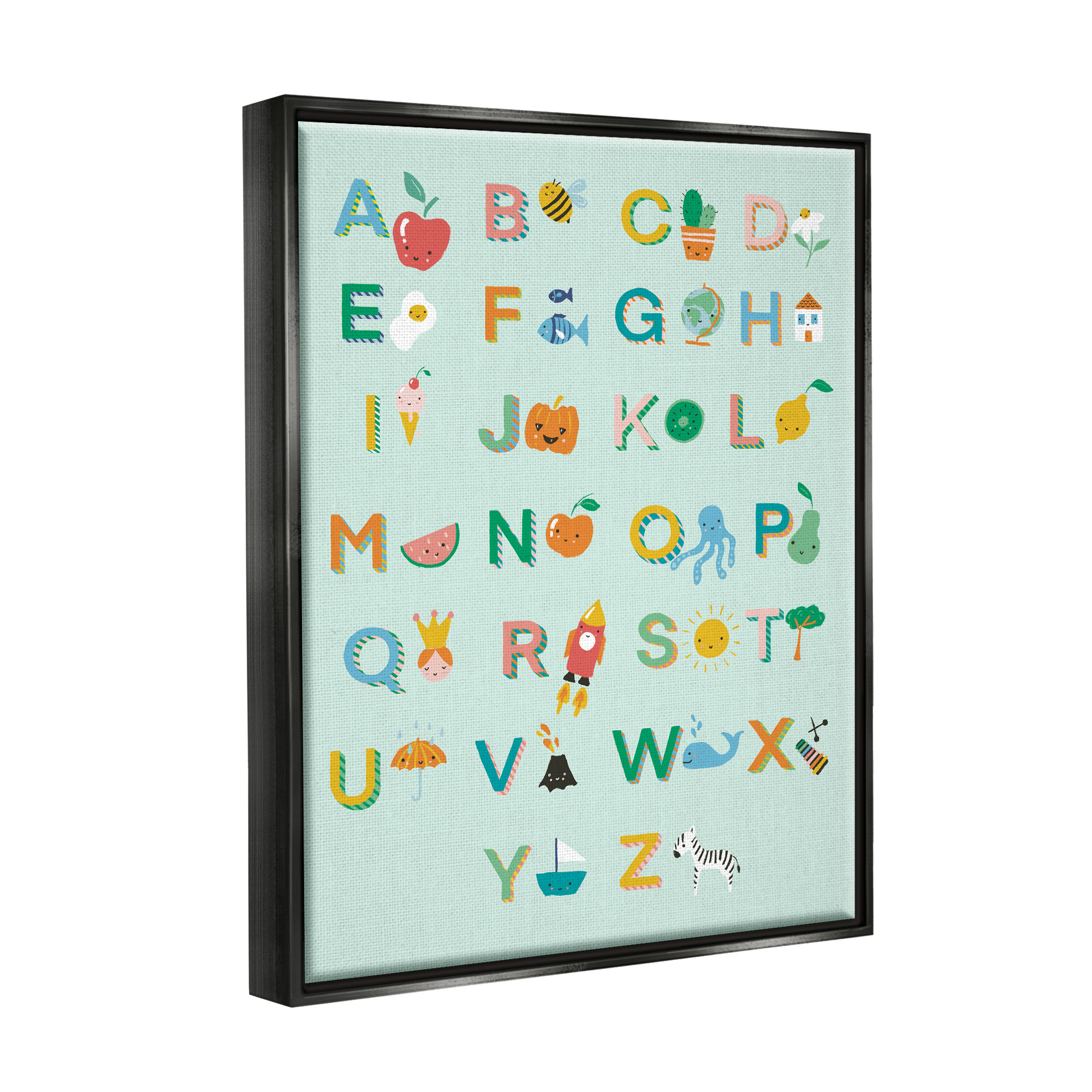 Stupell Industries Alphabet Chart on Mint Green Typography Painting Black Floater Framed Canvas Art Print Wall Art, 25 x 31