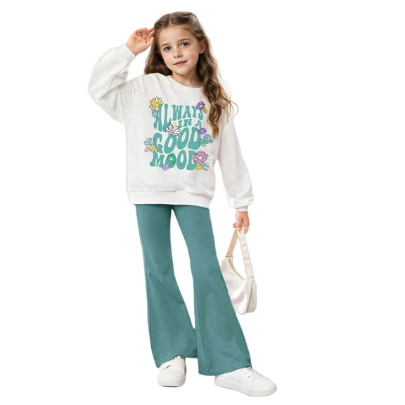 Two Piece Sets for Girls Long Sleeve Letter Print Sweatshirt and Flared Pants Set Girls Spring Outfits Girl Clothes Size 7-8 Years