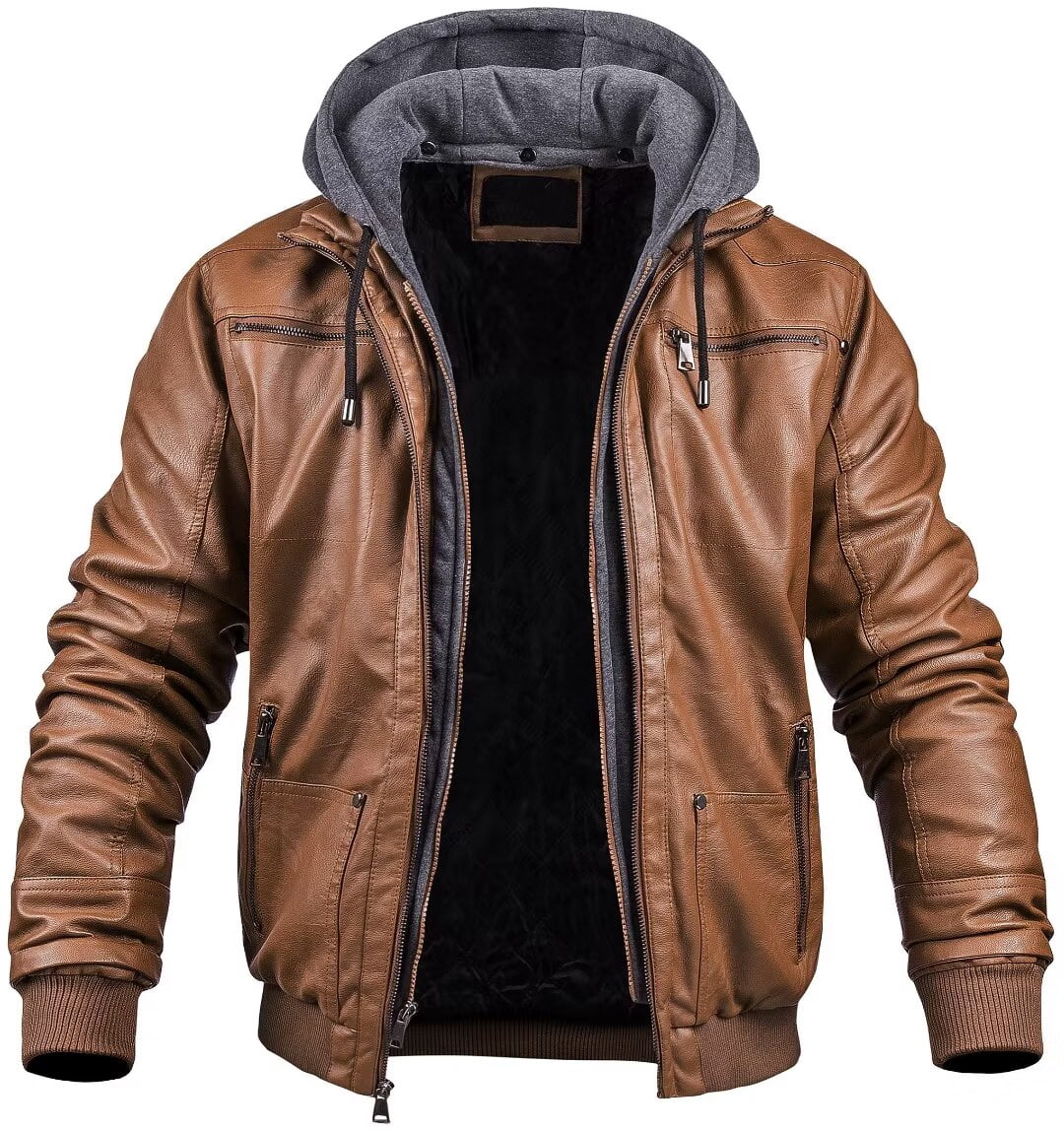 Chrisuno Men's Casual Full Zip Moto Pu Leather Quilted Bomber Jacket Brown 3XL