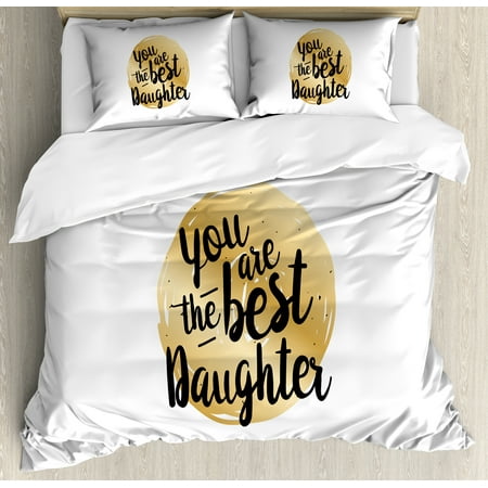 Daughter Queen Size Duvet Cover Set, Best Daughter Inscription with Circular Background Hand Drawn Arrangement, Decorative 3 Piece Bedding Set with 2 Pillow Shams, Gold Black White, by