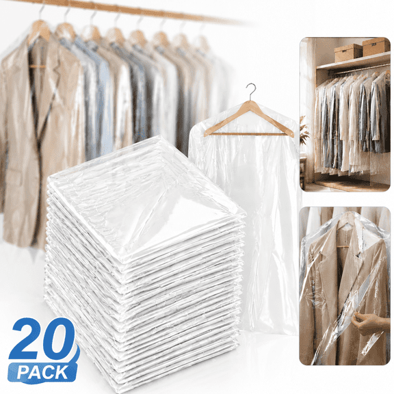 Holytech 20 Pack Garment Bags for Hanging Clothes Plastic Garment Bags Clear Clothes Covers Dry Cleaner Bags Hanging Dust-proof Garment Bags for Dry Cleaner, Home Storage, Travel (60x90cm)