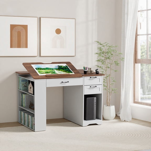 WARAYZ Adjustable Drawing Desk with Storage, Wood Study Desk with Tilt Top, Large Drawer, 2 Side Drawers, 3-Tier Bookshelf & Cabinet, White