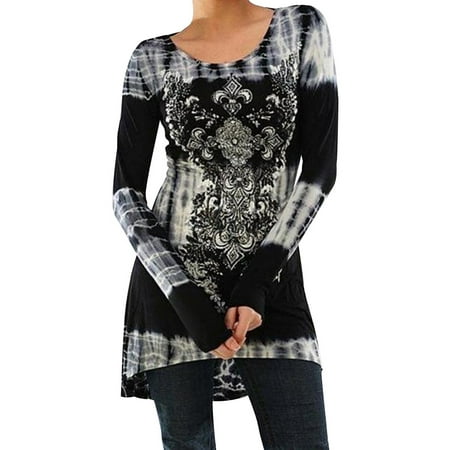 Adapter Womens Long Sleeve - STARVNC Women Long Sleeve Boho Printing Colorblock Splice Tunic Top
