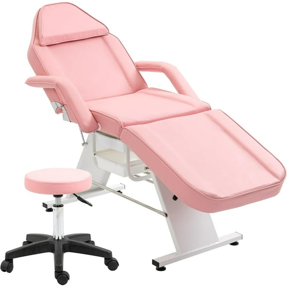 Holaki Massage Salon Tattoo Chair with Two Trays - Esthetician Bed with Hydraulic Stool - Multi-Purpose 3-Section Facial Bed Table - Adjustable Barber Spa Beauty Equipment, Pink