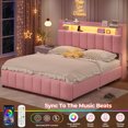thumbnail image 3 of Full Bed Frame with LED Light & Charging Station, Modern Velvet Upholstered Platform Bed with Storage Headboard,4 Drawers, Noise-Free, No Box Spring Needed,Pink, 3 of 8