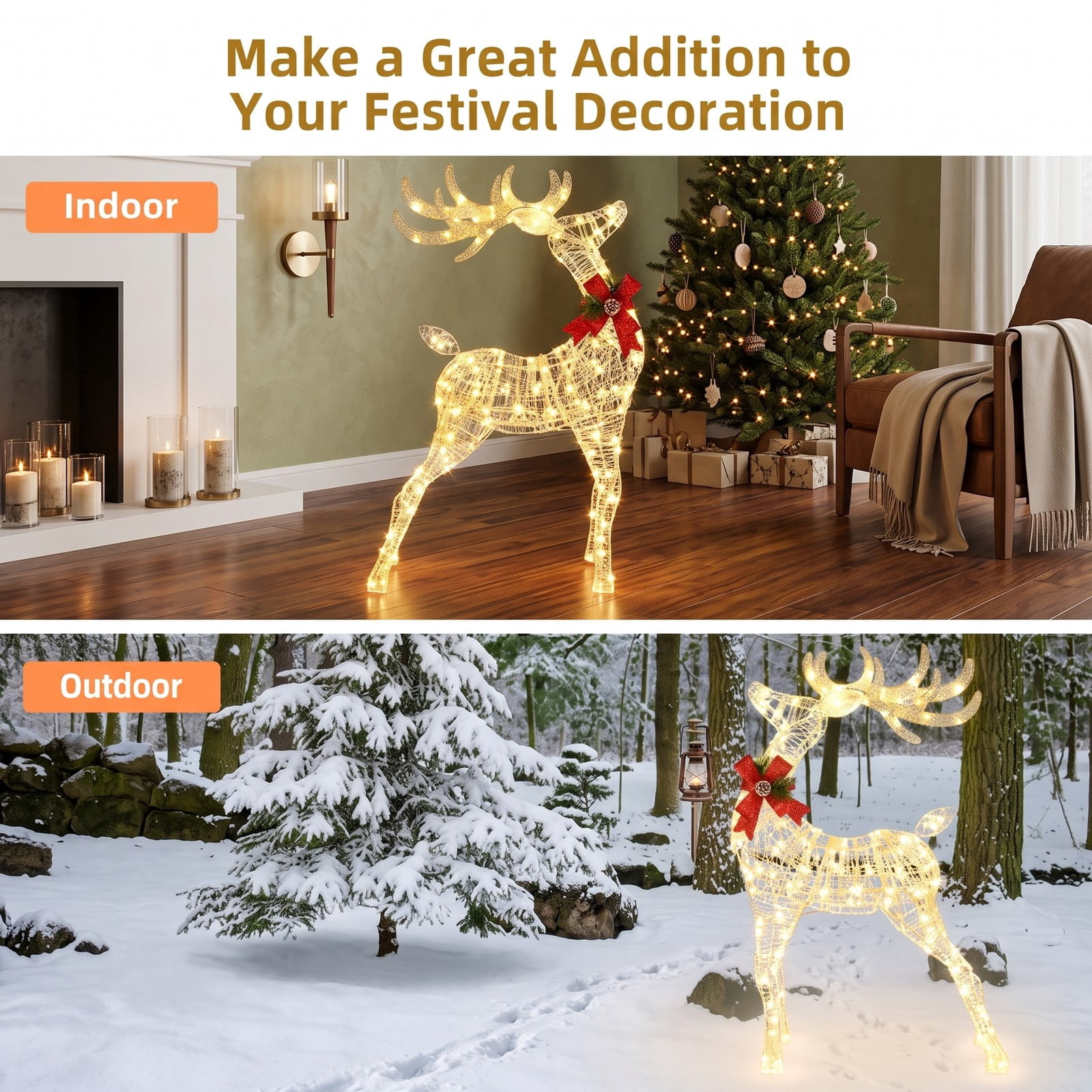 RUIE 53-inch Lighted Standing Reindeer Christmas Decoration, 120 Warm White LEDs, Outdoor Yard Deer with Ground Stakes, White