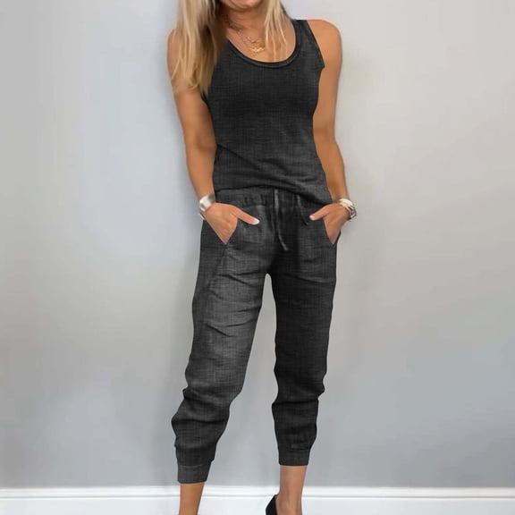 Mifsaly Linen Set Women Lightweight Summer 2 Piece Dressy Casual Sleeveless Tank Top and Jogger Capri Pants Comfortable Loungewear 2026 Fashion Vacation Matching Outfit XXXL