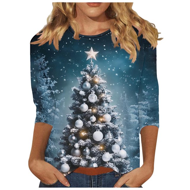 Lcziwo Women's 3/4 Sleeve T Shirts Round Neck Christmas Holiday Tops Xmas Giltter Tree Print Loose Blouses 2025 Fal Fashion Casual Tees Blue,XXXL
