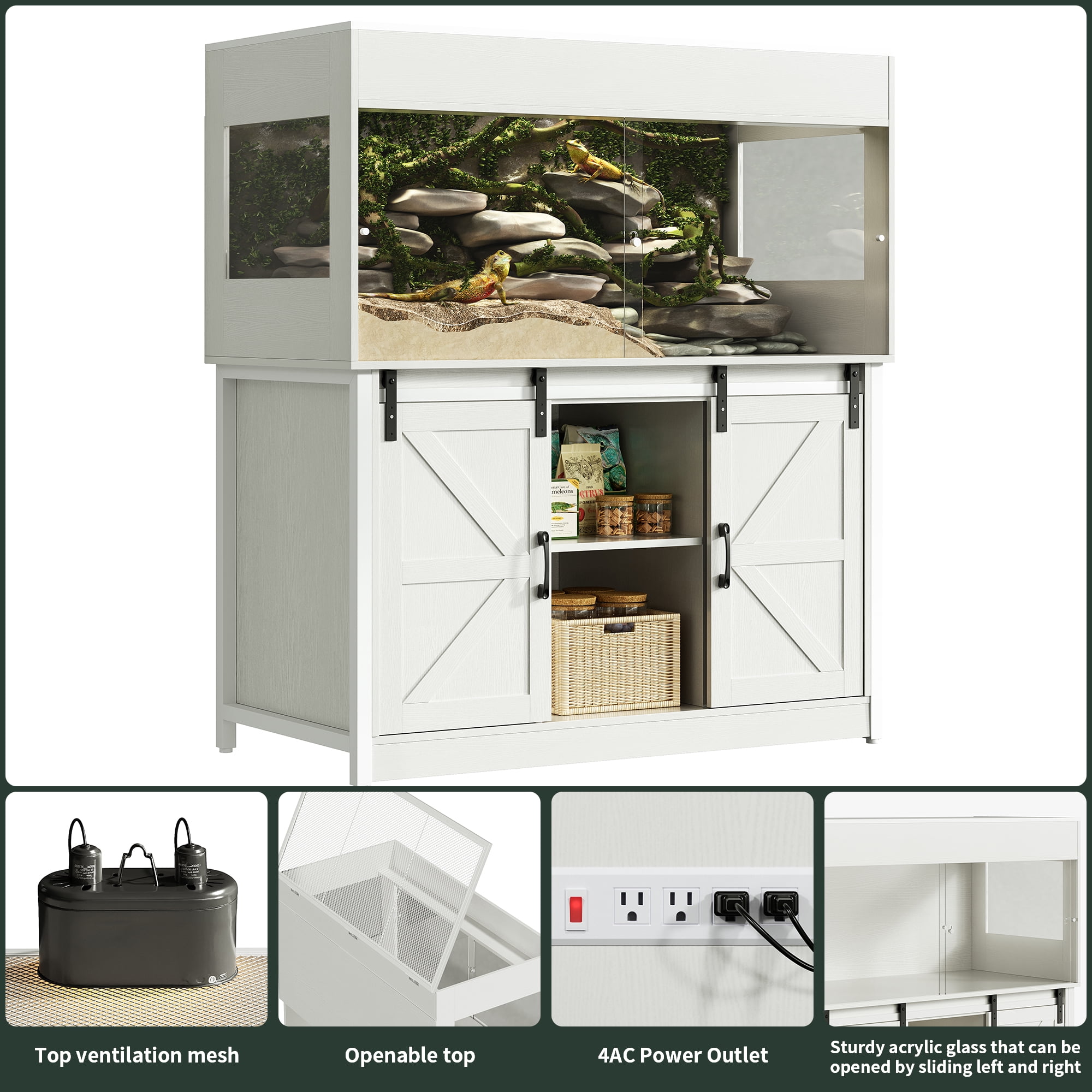 Herture 120 Gallon Reptile Terrarium with Stand, 4x2x2 Large Bearded Dragon Enclosure with Sliding Acrylic Doors, Mesh Top, Power Outlet & Storage, Vivarium Tank for Snakes, Lizards, White PX04RTW