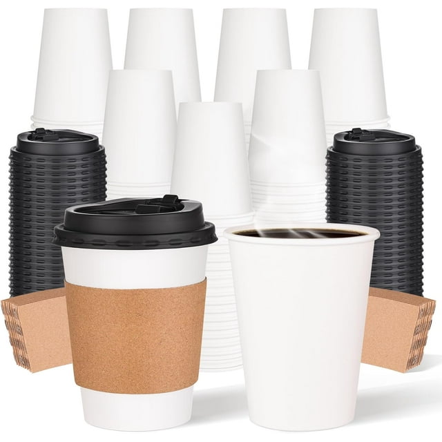 missunny-100 Pack 12oz Disposable Paper Coffee Cups with Lids & Sleeves, to Go Hot Coffee Cups for Tea Cocoa Chocolate Juice, Hot & Cold Drinking Paper Cup Bulk for Cafes Home Office Travels Parties