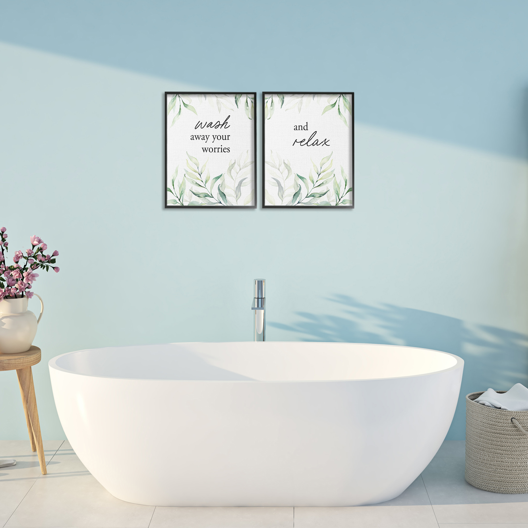 Soothing Bathroom Greenery Words 2 Piece Black Framed Giclee Art Set, design by Lettered and Lined