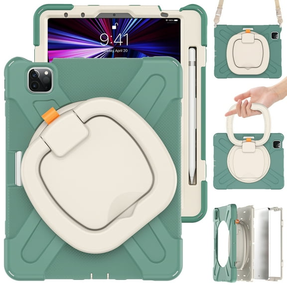 Shockproof Case for Apple iPad Air 11 M4 M3 M2 2026/2025/2024, Heavy Duty Protective Handle Kickstand Anti-Scratch Kids Friendly [Shoulder Strap] Pencil Holder Tablet Cover, Emeraldgreen