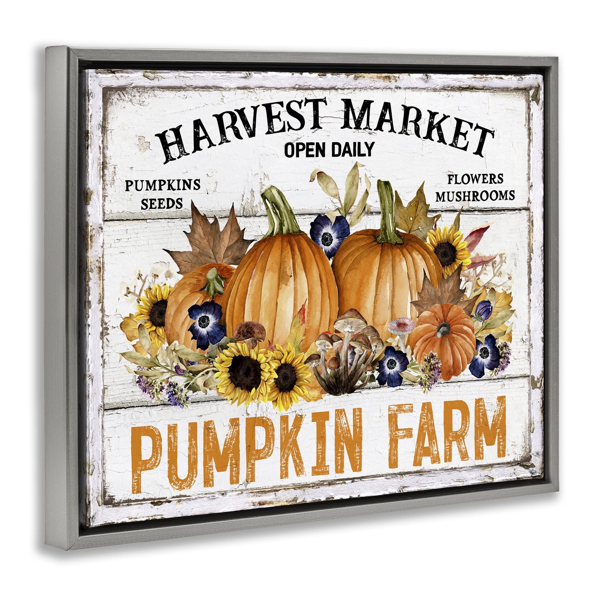 Stupell Industries Pumpkin Farm with Sunflowers Holiday Painting Gray Floater Framed Canvas Art Prints Wall Art, 31 x 25