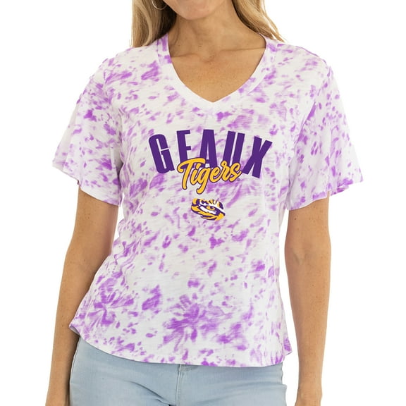 Women's White/Purple LSU Tigers Faye Tie-Dye V-Neck T-Shirt