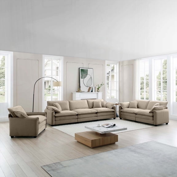 Modern Tan Corduroy 3-Piece Oversized Sectional Sofa (220×80×75cm) with Comfortable Design