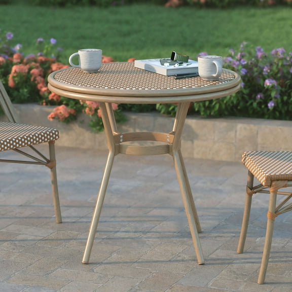 Emma   Oliver Indoor/Outdoor Bistro Style 31.5 in. Table with Natural & White PE Rattan, Glass Top, and Light Natural Bamboo Finished Metal Frame