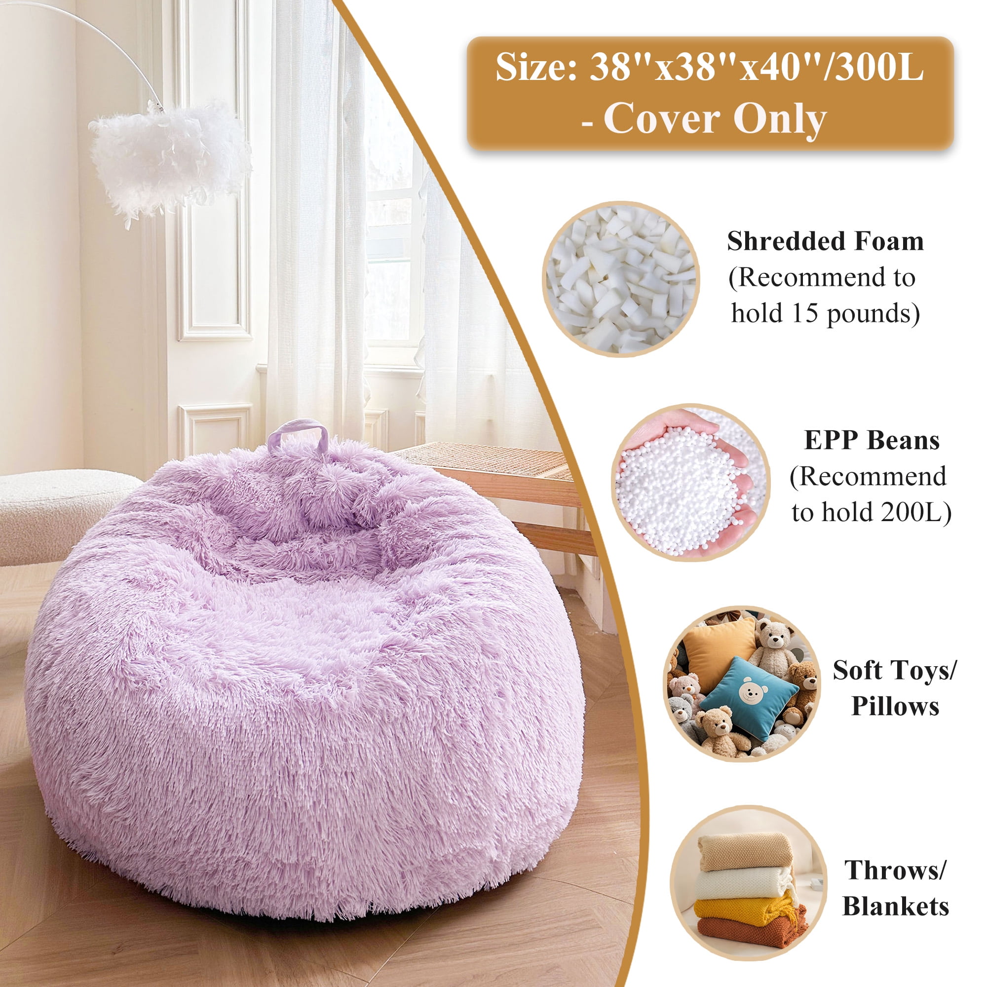 XeGe Faux Fur Comfy Bean Bag Cover for Living Room(No Filler), Fluffy Stuffed Animal Storage Bean Bag Chair Cover Light Purple, Furry Fuzzy Beanbag Cover for Adults Kids Girls, Anti-slip, Lavender