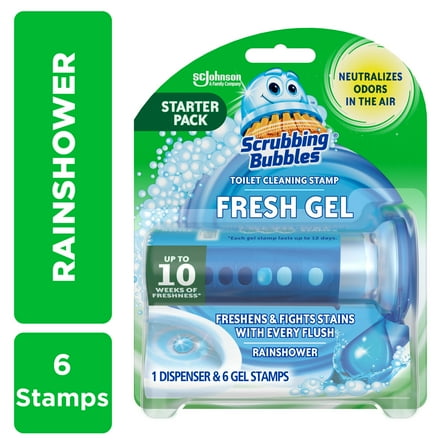 Scrubbing Bubbles Fresh Gel Toilet Bowl Cleaning Stamp, Rainshower, Dispenser with 6 Gel Stamps, 1.34 oz