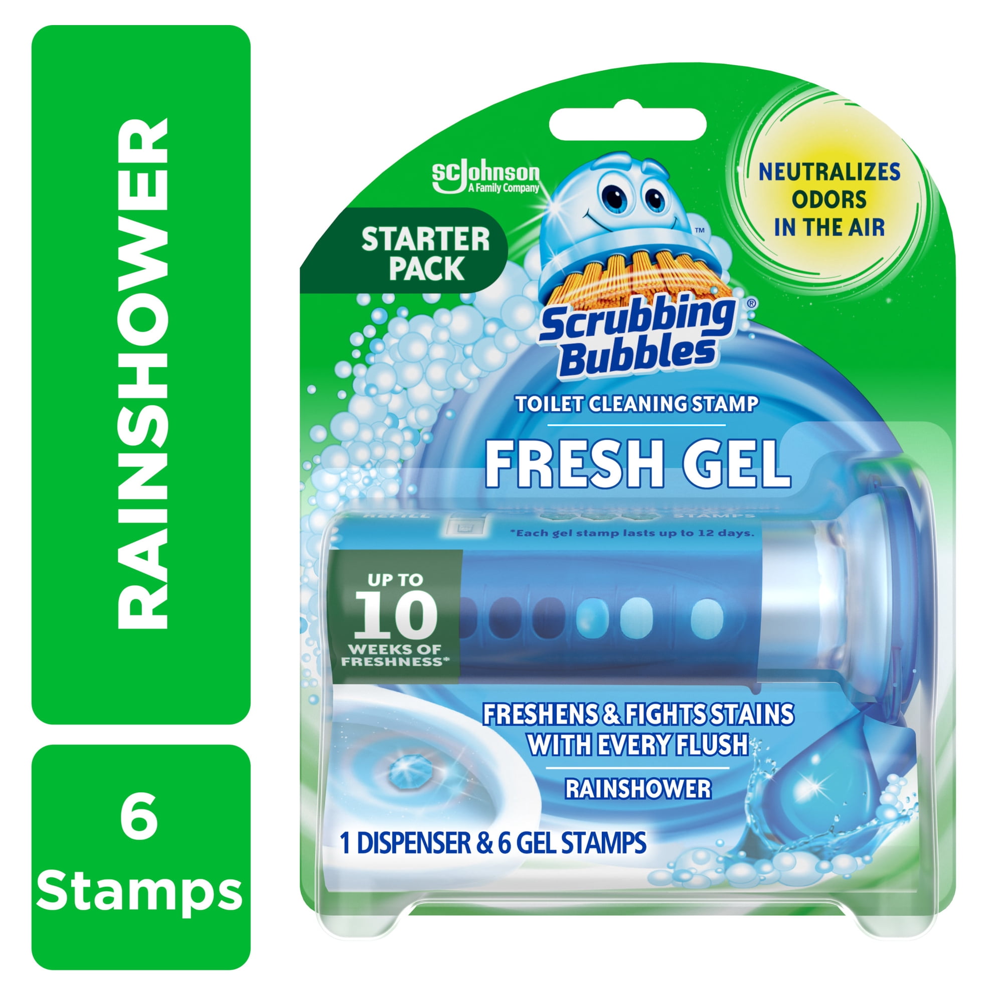 Scrubbing Bubbles Automatic Toilet Bowl Cleaner, Fresh Gel Cleaning Stamp, Rainshower, Dispenser & 6 Gel Stamps