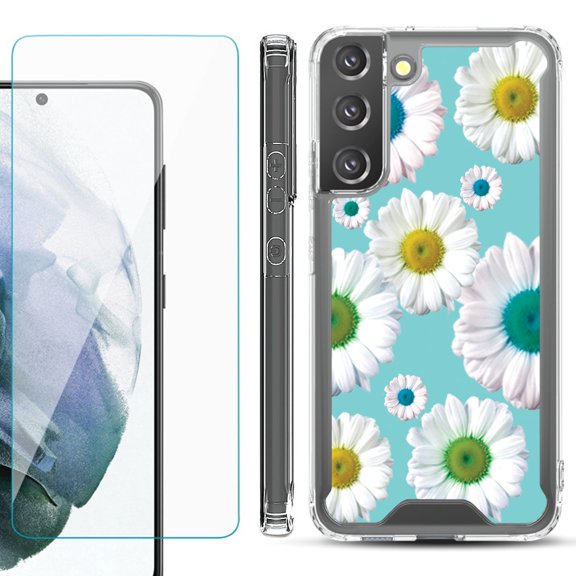 Shockproof Bumper Phone Case for Samsung Galaxy S22 5G, with Tempered Glass Screen Protector, by OneToughShield ® - Daisy/Teal