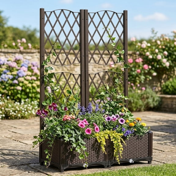 Indoor/Outdoor Free-Standing Wicker Trellis Garden Planter for Vines and Blooms with Integrated Drainage, Raised Gardening Solution for Patio, Balcony, or Backyard Beautification