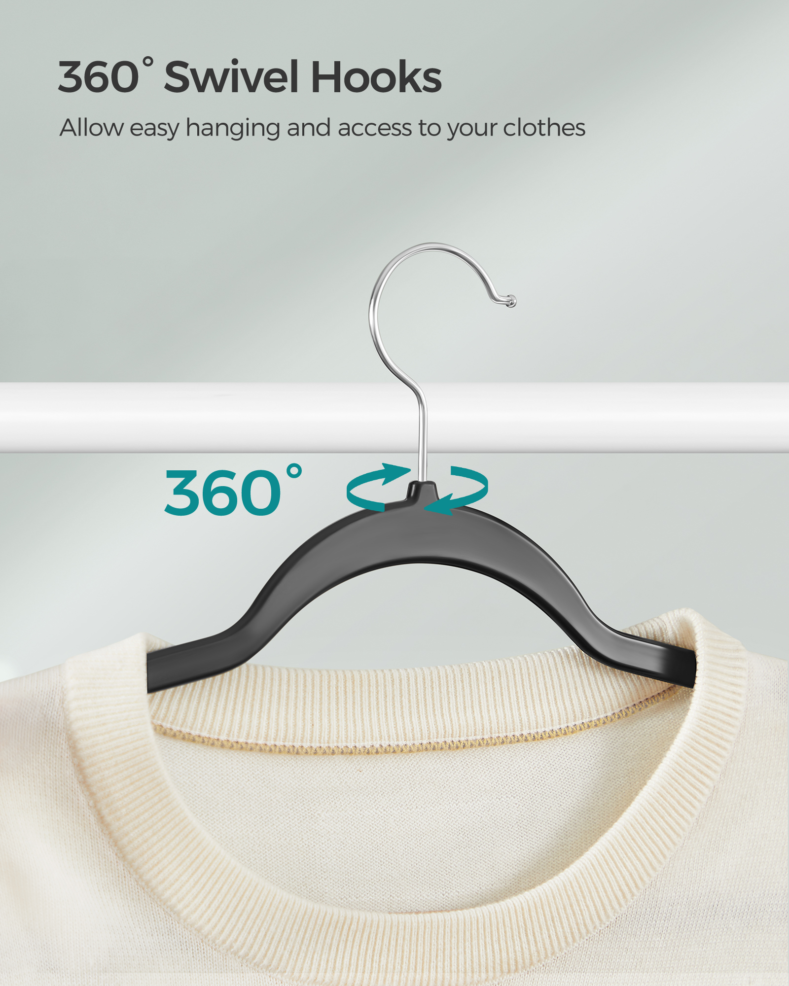 50-Pack Space Saving Plastic Hangers with 360° Swivel Metal Hooks, Heavy Duty Closet Organizers for Coats, Shirts, Dresses and Pants, Ink Black