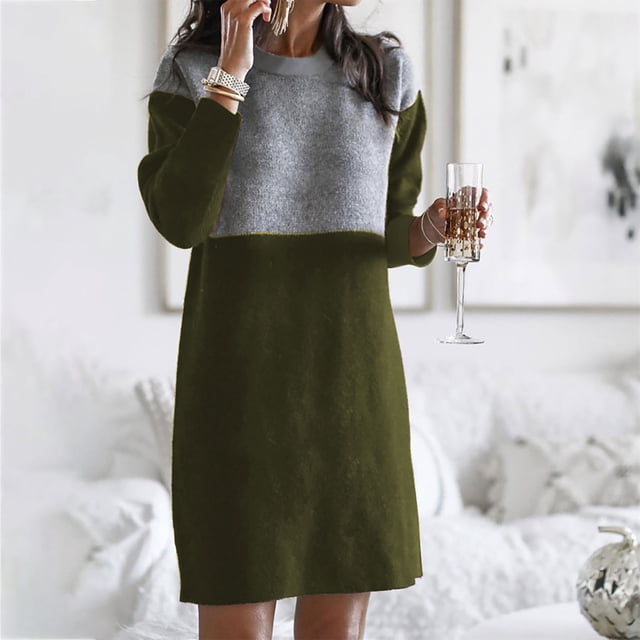 Gspmoly Robe d'Été, Mode Femmes Été Décontractée Ample à Manches Longues Unie à Empiècements Robe Patchwork Robes de Soirée pour Femmes Offres Prime