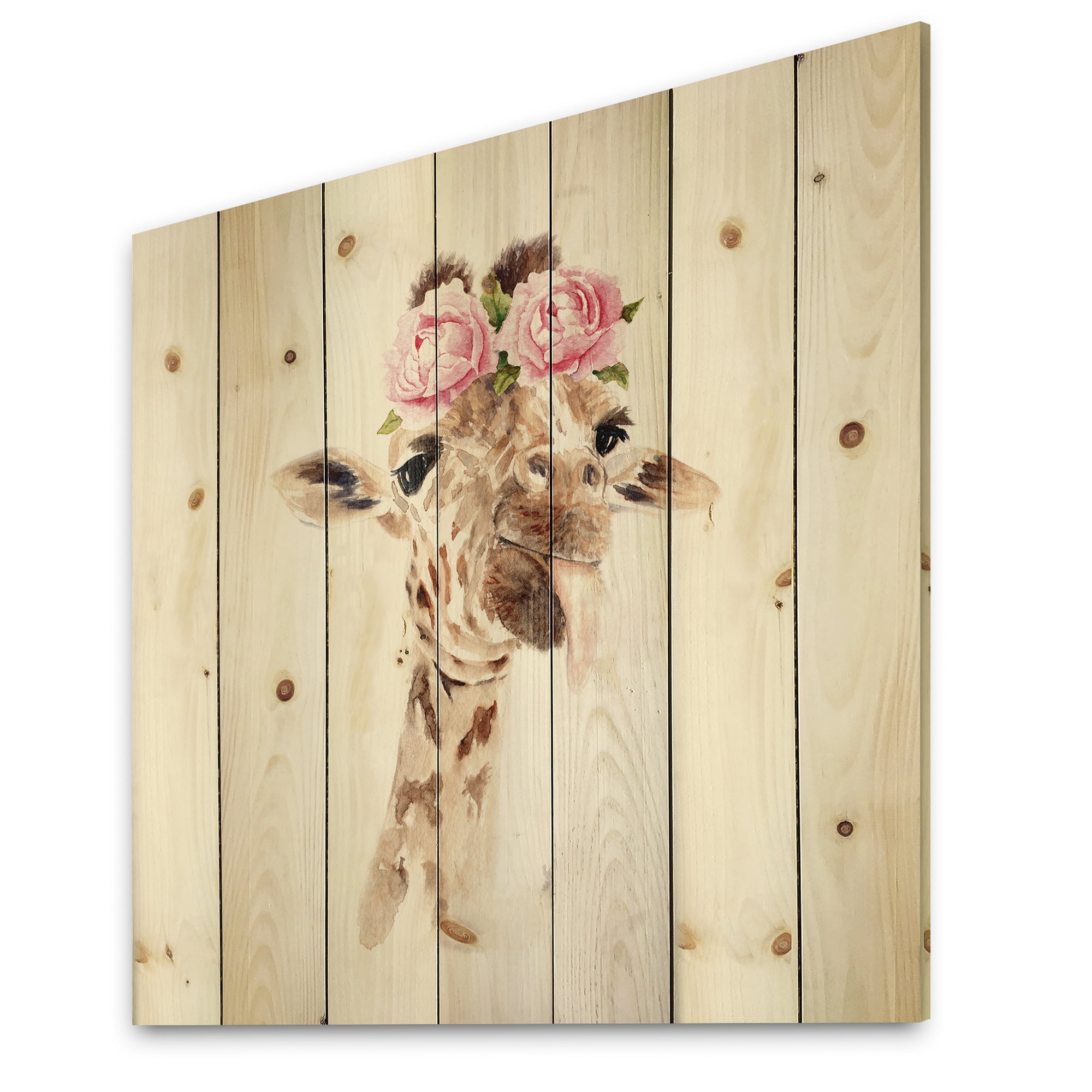 Designart 'Portrait of A Giraffe With Pink Flowers' Farmhouse Print on Natural Pine Wood