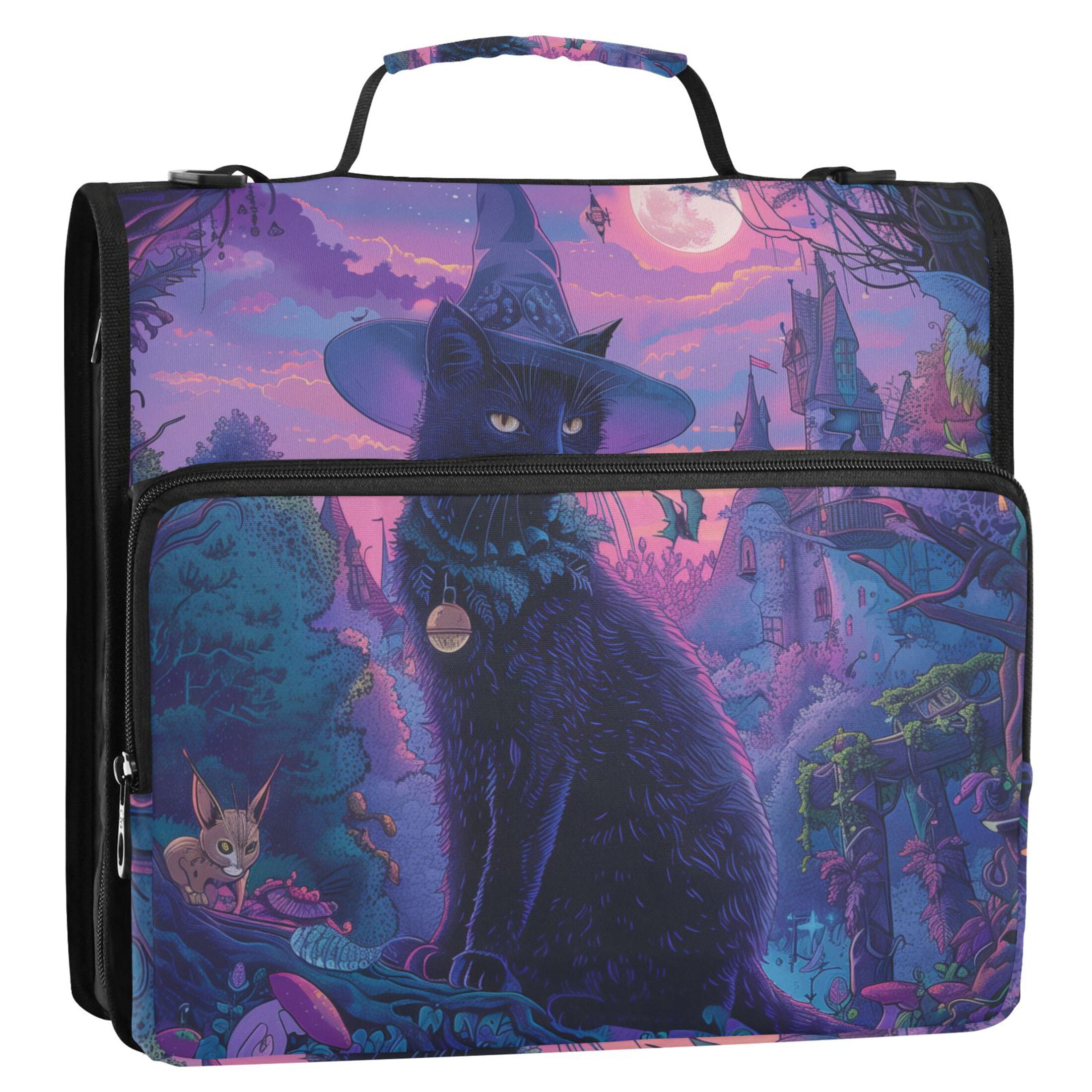 3 Ring Zipper Binder with Shoulder Strap Waterproof Trapper Keeper 2 Inch D-Ring 500 Sheets Capacity Black Cat with Wizard Hat