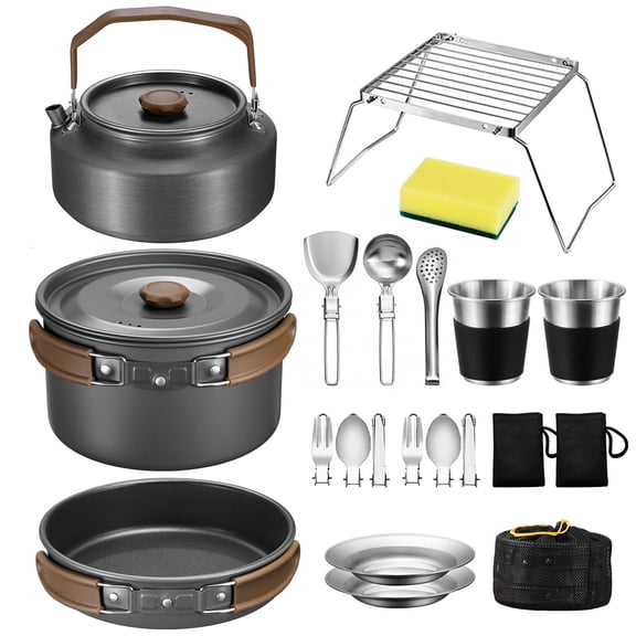 Walchoice 25 Pcs Camping Cookware Mess Kit, Aluminum Pot Pan Kettle Cooking Set for Backpacking Picnic Outdoor, Cookware with Cups Plates Cutleries Kitchenware Mini Grill, Lightweight & Portable