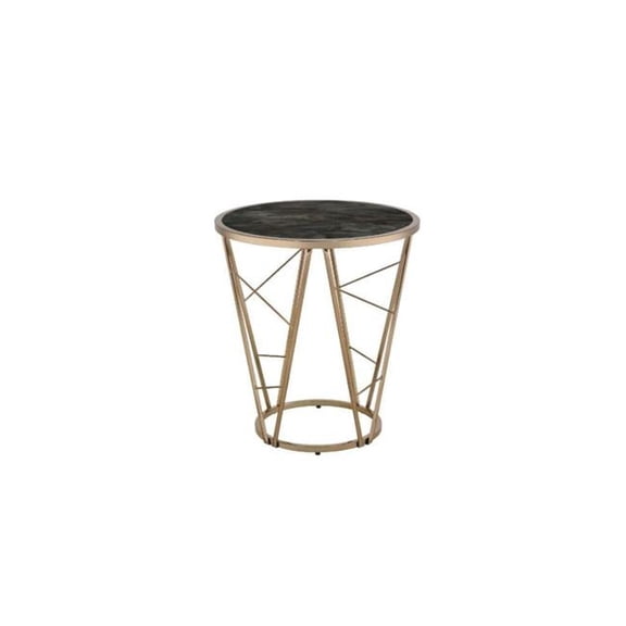 24 in. Faux Marble Glass & Metal Round End Table, Champagne & Black