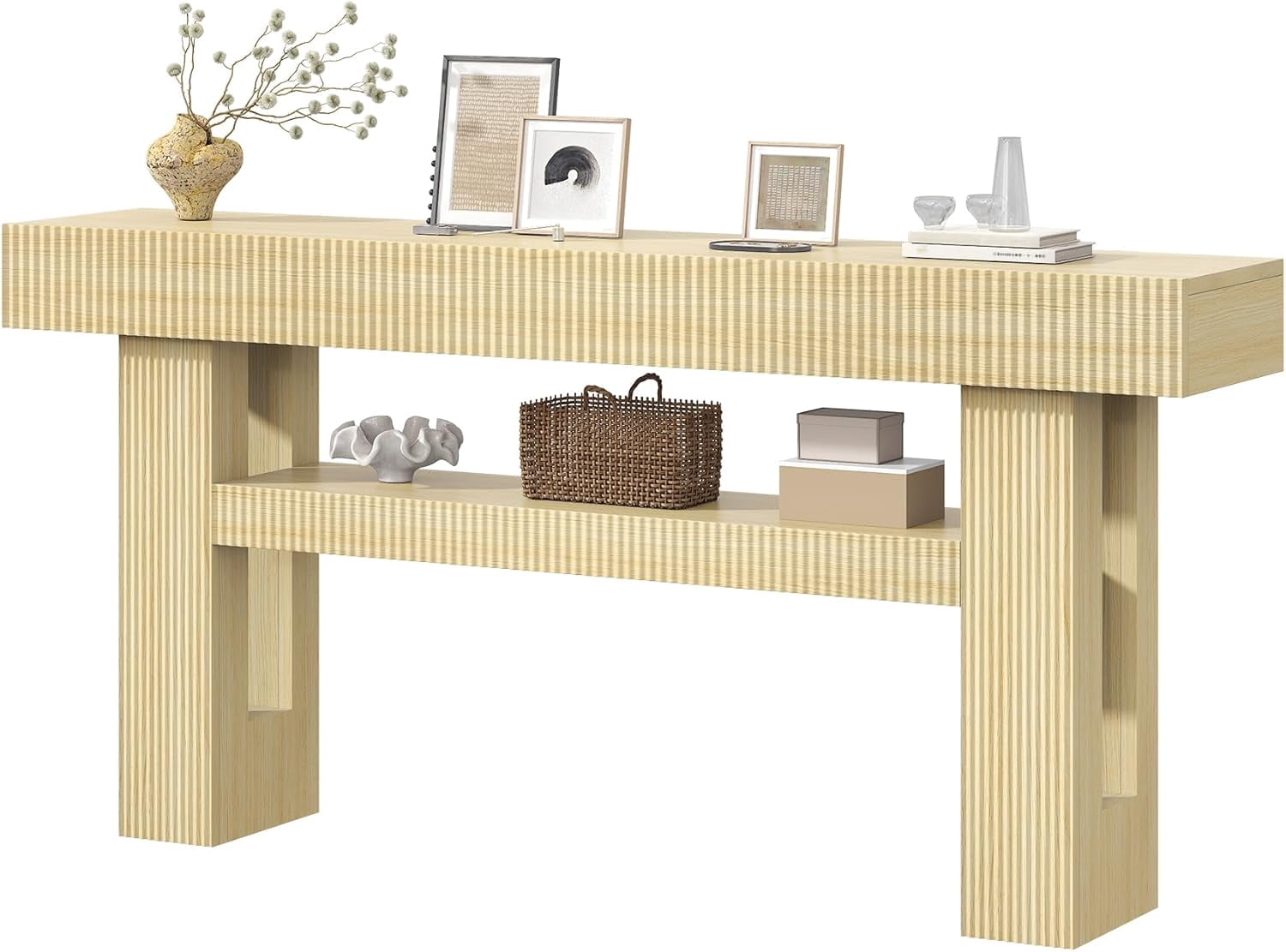 Frmobepts Fluted Console Table, Farmhouse 63" Long Narrow Entryway & Sofa Tables for Hallway, Tall Accent Table Behind Couch for Foyer Living Room, Natural Oak