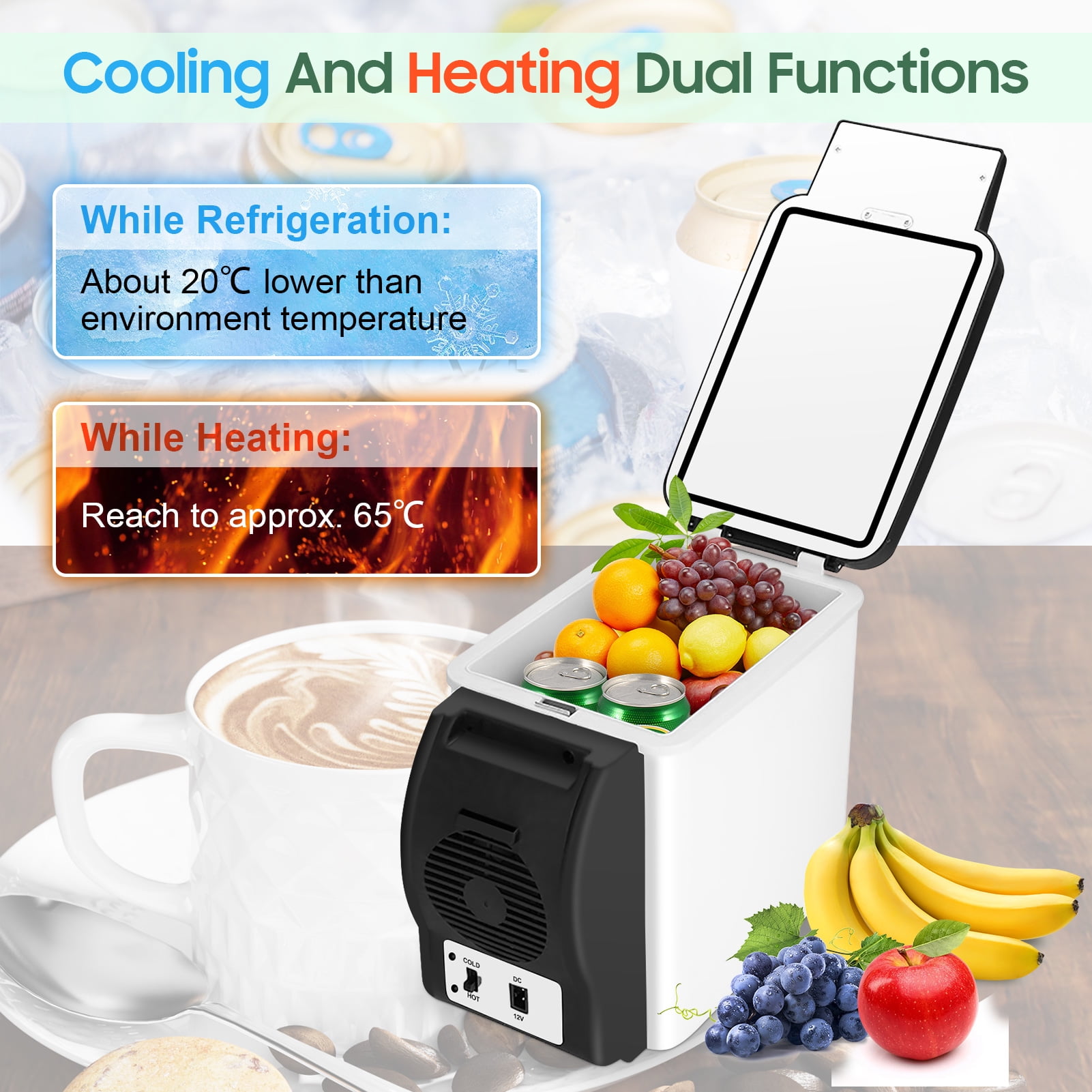 Tebru 6L Portable Car Refrigerator, Black and White, 12.01" x 9.84" x 6.30"